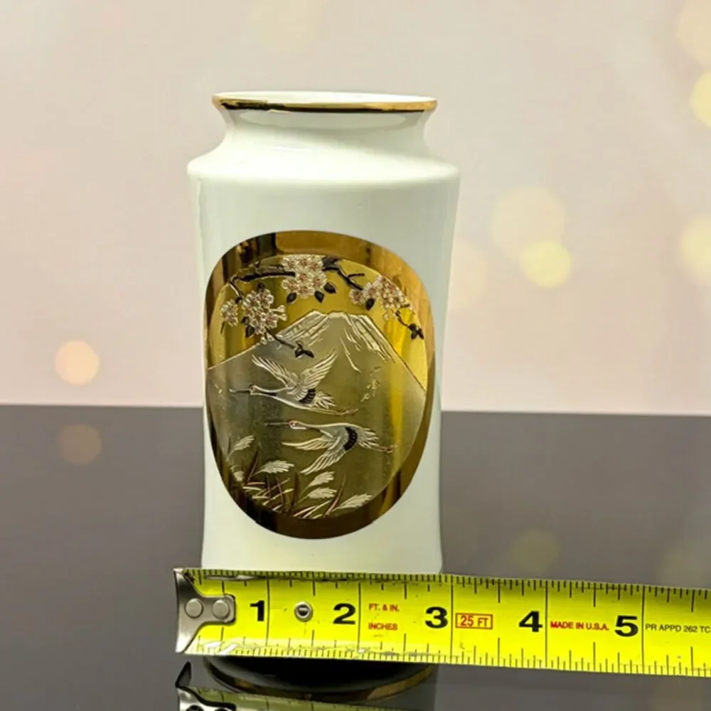 The Art of Chokin Porcelain Vase Cranes Mt Fuji Gold Silver Japan 7